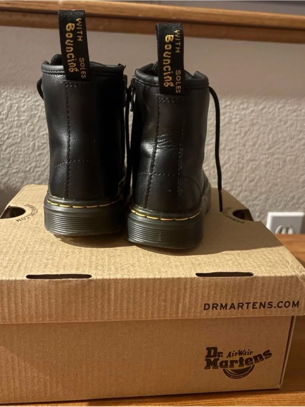 Dr. Martens Black Leather Lace-Up Ankle Boots with Yellow Stitching